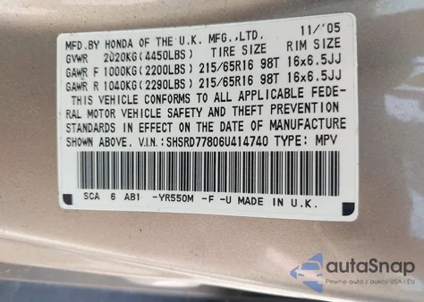 2006 Honda Cr-V Ex from USA, damaged, VIN SHSRD77806U414740